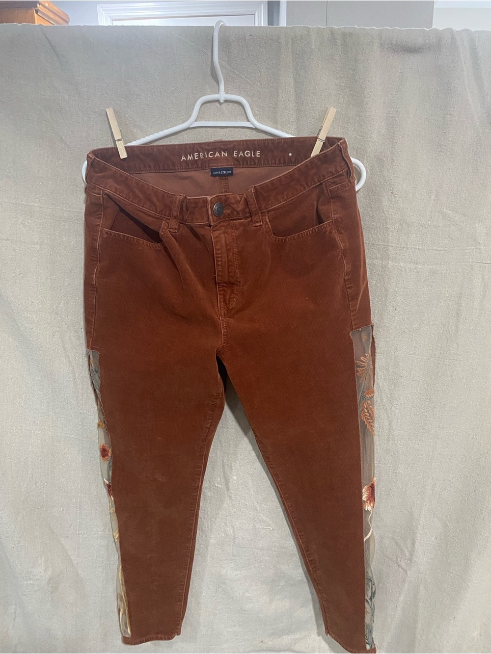 American Eagle Outfitters Rust Brown Skinny Jeans with Embroidered Side Panels